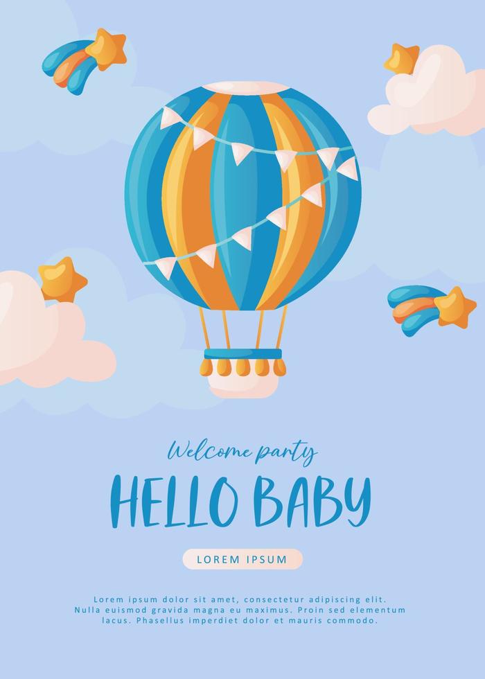 baby douche uitnodiging met heet lucht ballon, sterren, helium ballonnen en wolken Aan blauw. belettering zijn een jongen. Hallo baby viering, vakantie, evenement. banier, folder. tekenfilm vector