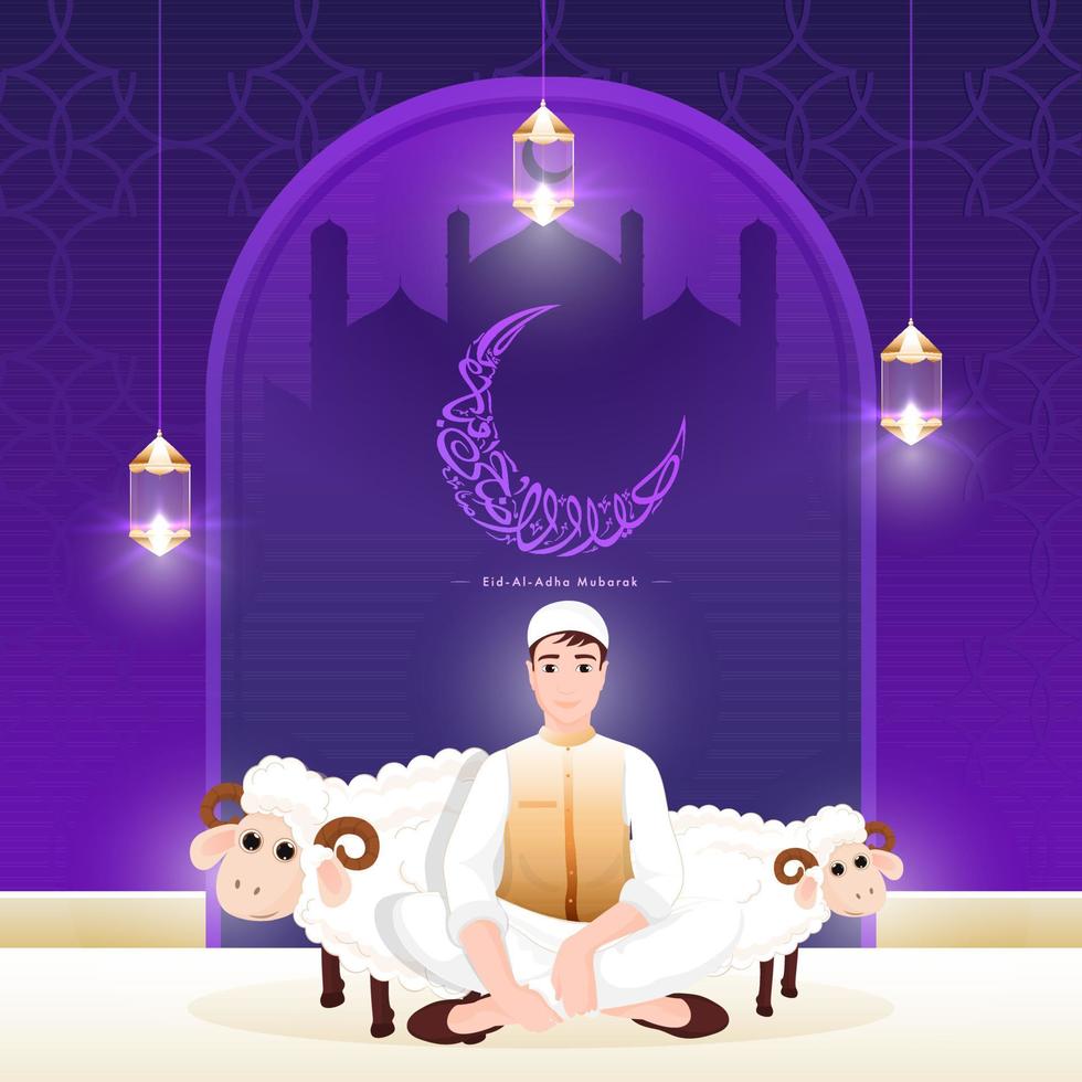 eid-al-adha mubarak schoonschrift in halve maan maan met moslim jong jongen, twee tekenfilm schapen en hangende verlichte lantaarns Aan Purper moskee deur patroon achtergrond. vector