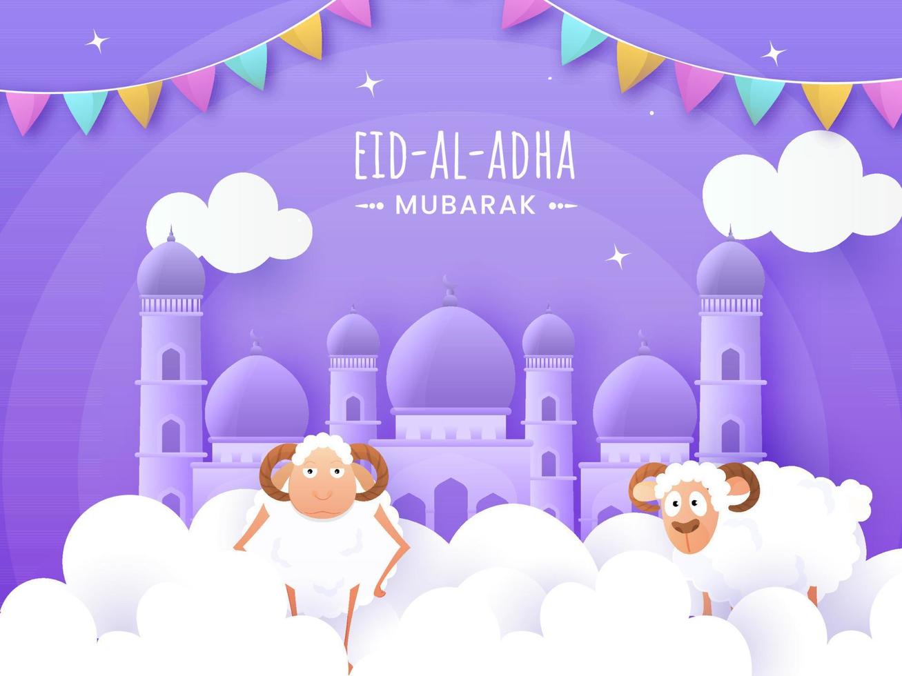 eid-al-adha mubarak viering achtergrond versierd met papier besnoeiing wolken, moskee, twee tekenfilm schapen illustratie. vector