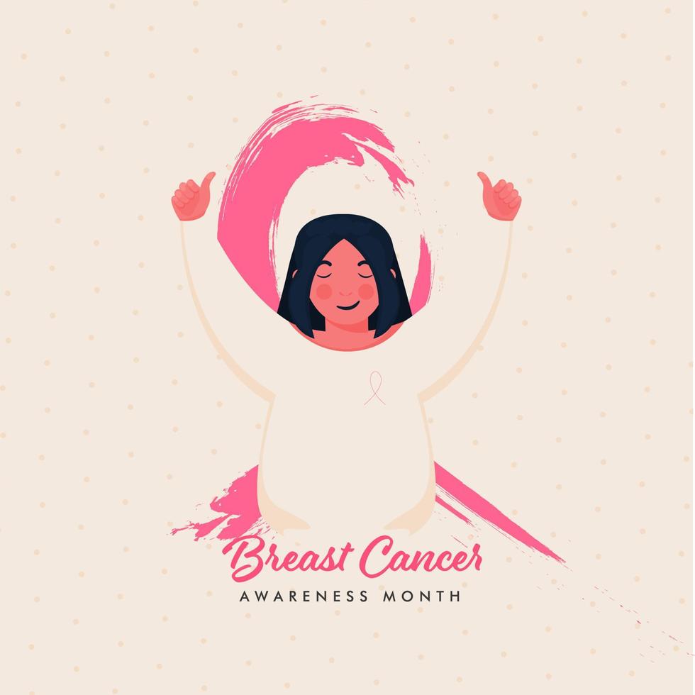 borst kanker bewustzijn lint gemaakt door roze borstel met jong meisje tonen duimen omhoog Aan beige achtergrond. vector