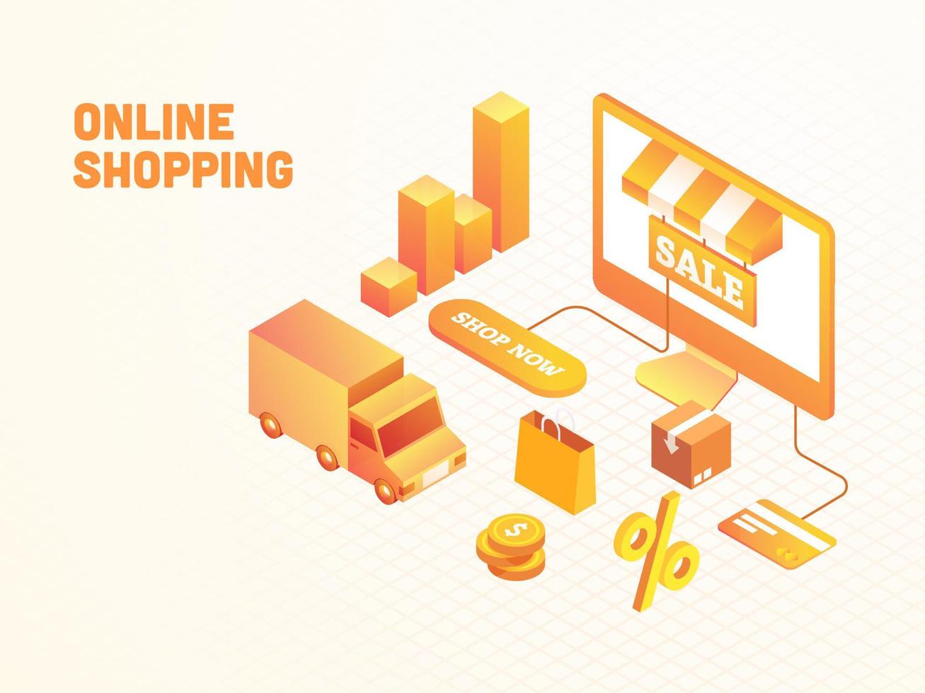 online boodschappen doen uitverkoop in 3d bureaublad met betaling kaart, percentage symbool, munten, perceel, dragen tas, bar diagram en levering vrachtwagen. vector