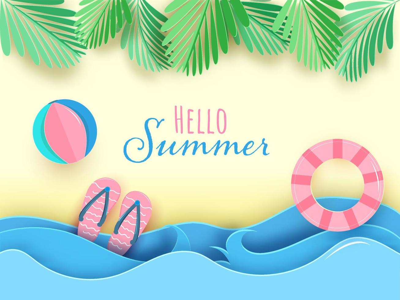 Hallo zomer doopvont met papier besnoeiing zwemmen ring, strand bal, slippers, groen bladeren en water golven Aan geel achtergrond. vector