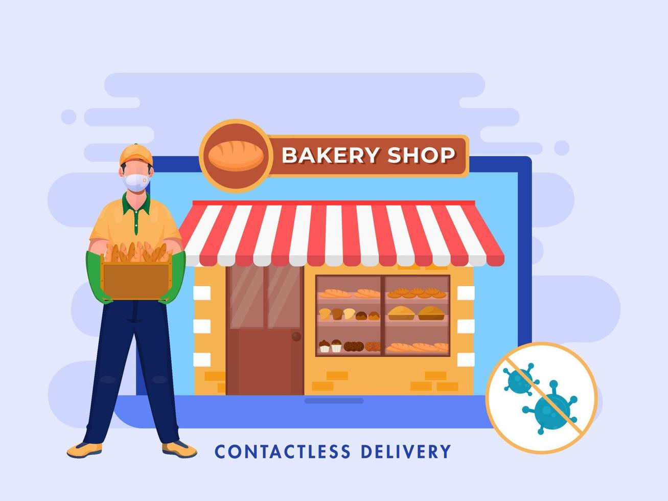 online bakkerij winkel in laptop en contactloos levering jongen Holding doos van baguette brood. vector