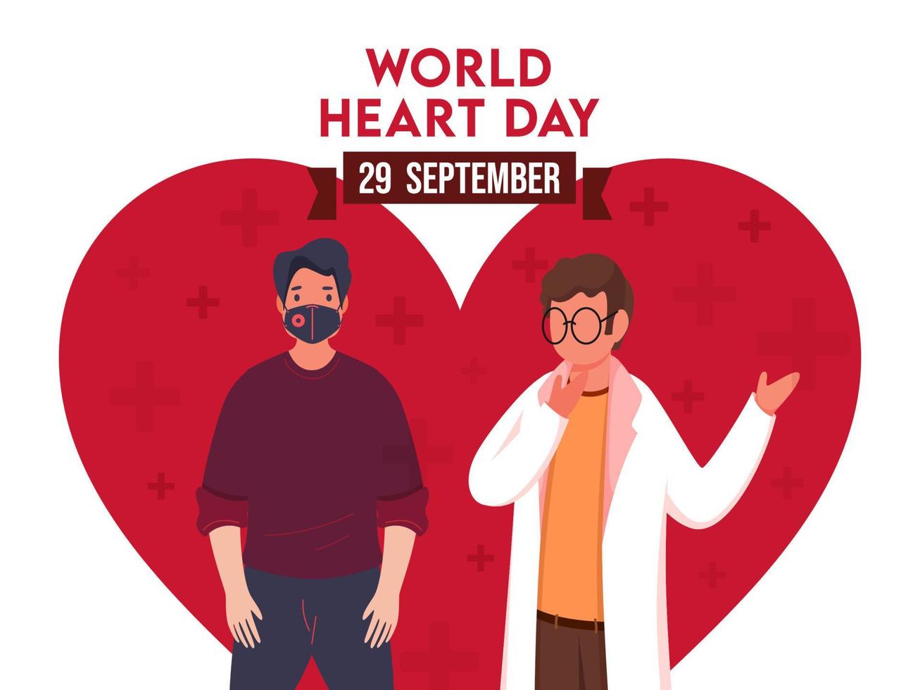 29 september, wereld hart dag poster ontwerp met tekenfilm dokter en geduldig karakter Aan rood hart vorm en wit achtergrond. vector