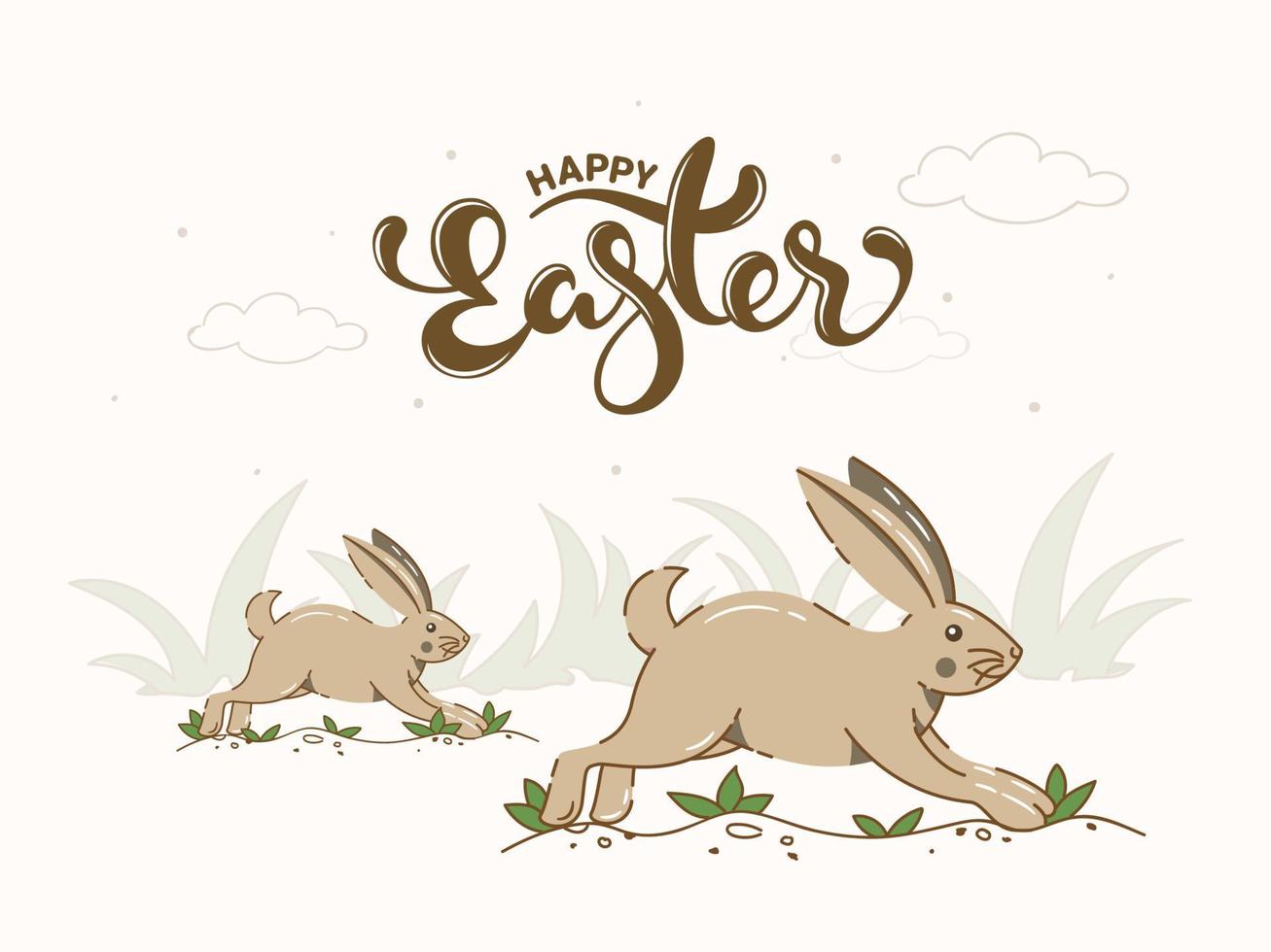 gelukkig Pasen doopvont met tekenfilm konijnen rennen Aan gras wit achtergrond. vector