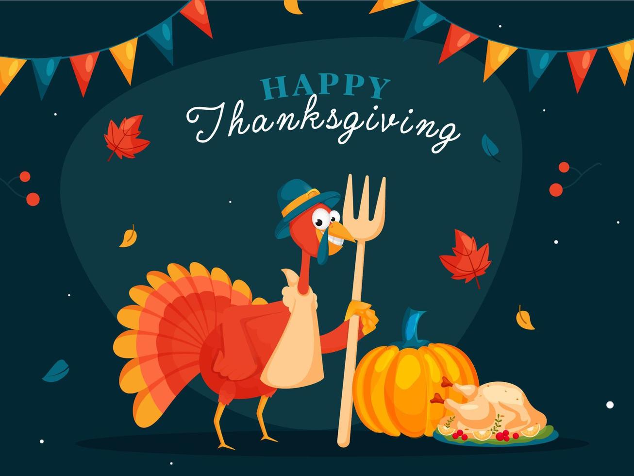 gelukkig dankzegging viering poster ontwerp met tekenfilm kalkoen vogel Holding vork en voedsel elementen Aan taling blauw achtergrond. vector