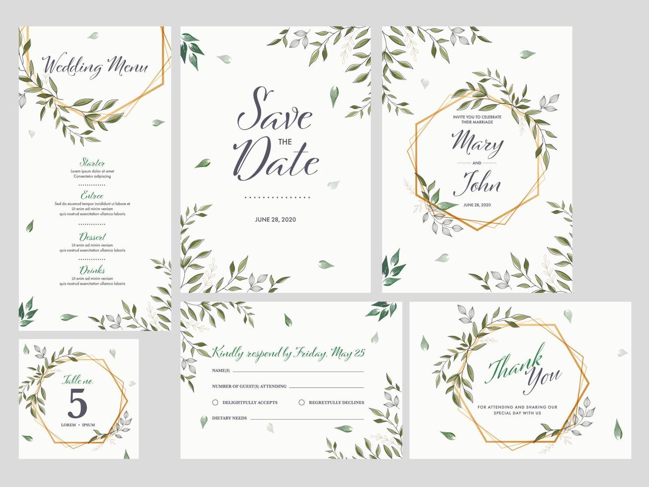 bruiloft uitnodiging, menu, opslaan de datum, tafel nummer, dank u en RSVP kaart versierd bladeren. vector