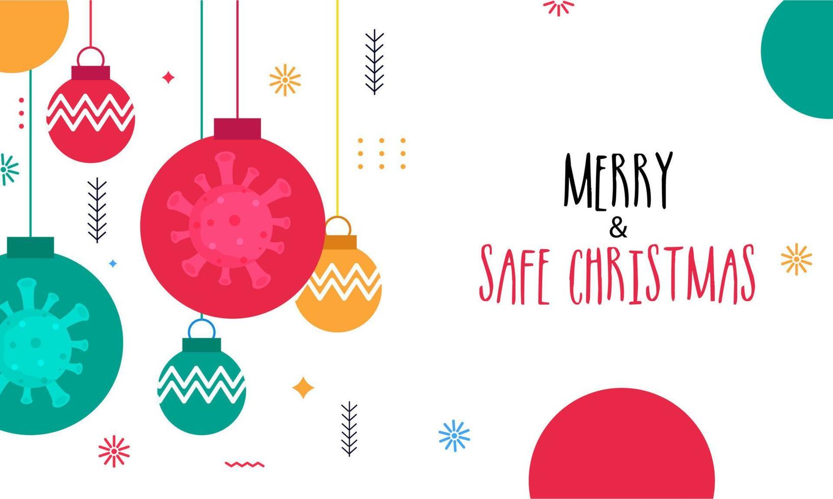 vrolijk veilig Kerstmis banier ontwerp met hangende kleurrijk kerstballen Aan wit achtergrond voor hou op coronavirus. vector