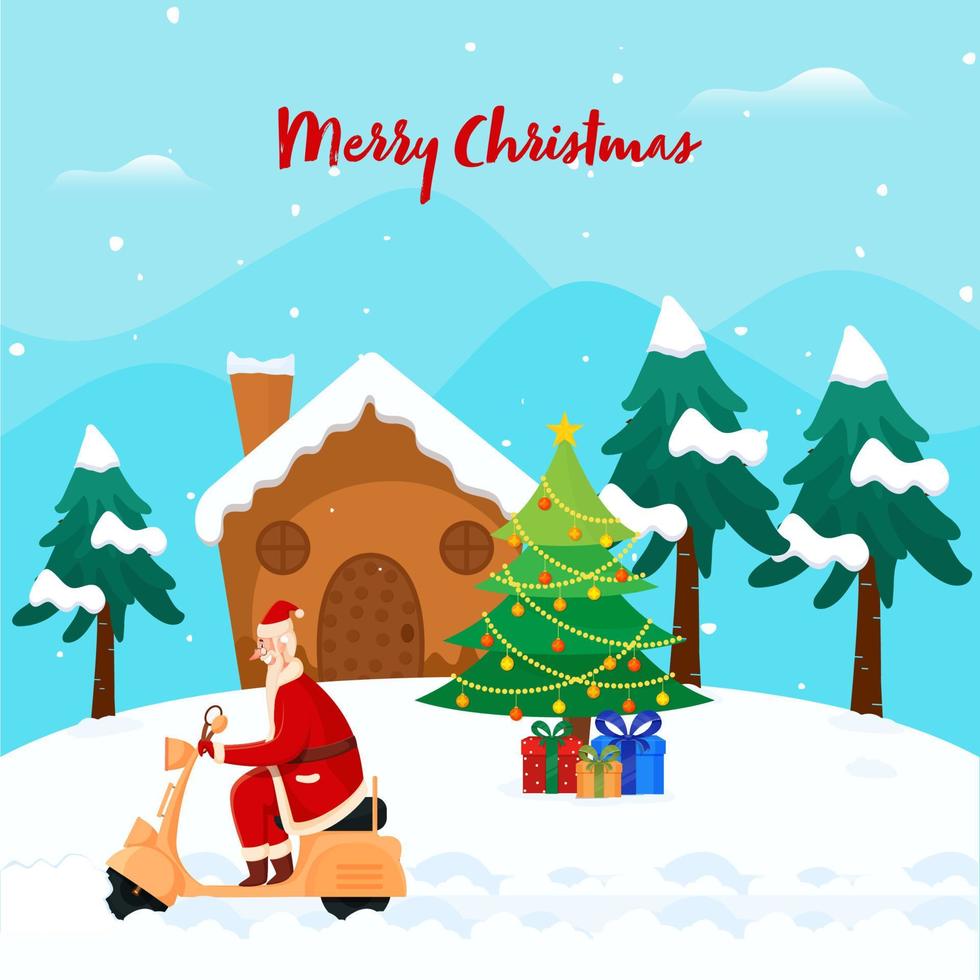 illustratie van vrolijk de kerstman claus rijden scooter met Kerstmis bomen, geschenk dozen, besneeuwd huis Aan blauw en wit sneeuwval achtergrond. vector