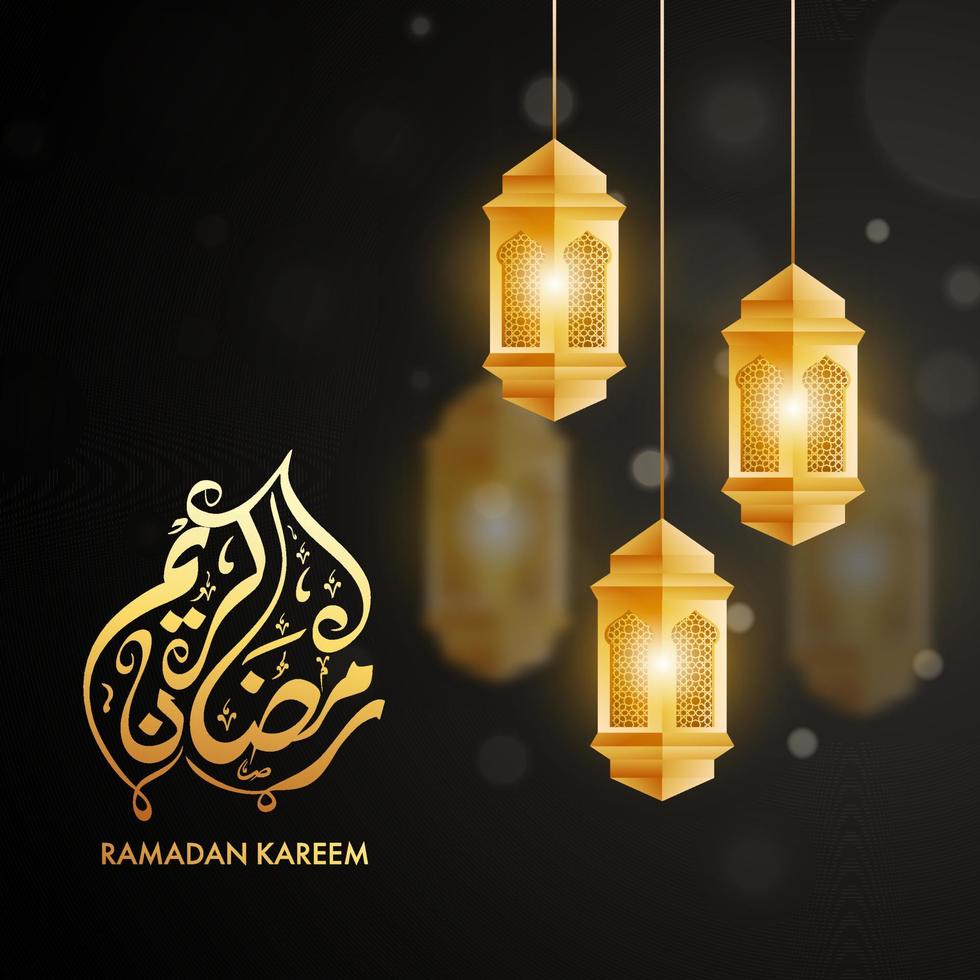 gouden Arabisch schoonschrift van Ramadan kareem tekst met hangende verlichte lantaarns versierd Aan zwart achtergrond. vector