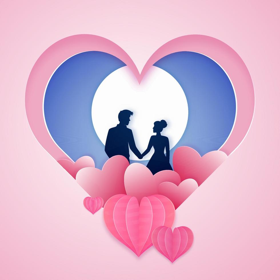 papier laag besnoeiing hart vorm romantisch vol maan achtergrond met paar karakter in liefde. vector