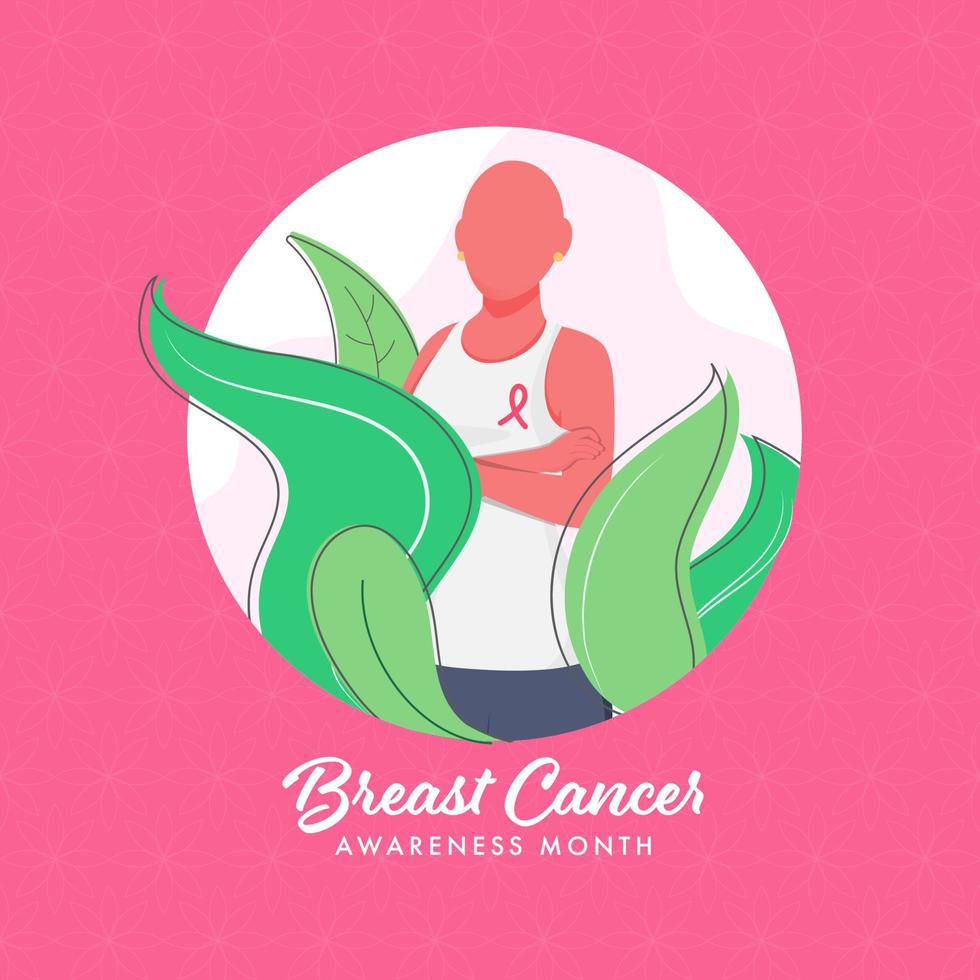 illustratie van kaal vrouw slijtage borst kanker lint Bij borst met groen bladeren Aan wit en roze bloem patroon achtergrond voor bewustzijn maand. vector