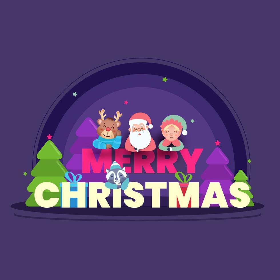 vrolijk Kerstmis tekst met tekenfilm de kerstman claus, elf, rendier, wasbeer karakter, geschenk dozen en Kerstmis bomen Aan Purper achtergrond. vector