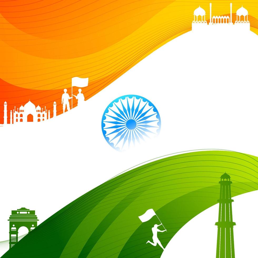 Indisch driekleur abstract golvend achtergrond met Ashoka wiel, beroemd monumenten en menselijk Holding een nationaal vlag voor onafhankelijkheid dag. vector
