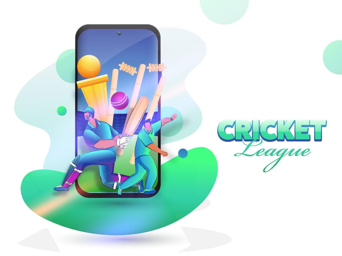 krekel liga concept met tekenfilm slagman, bowler karakter en gouden trofee kop in smartphone scherm. vector