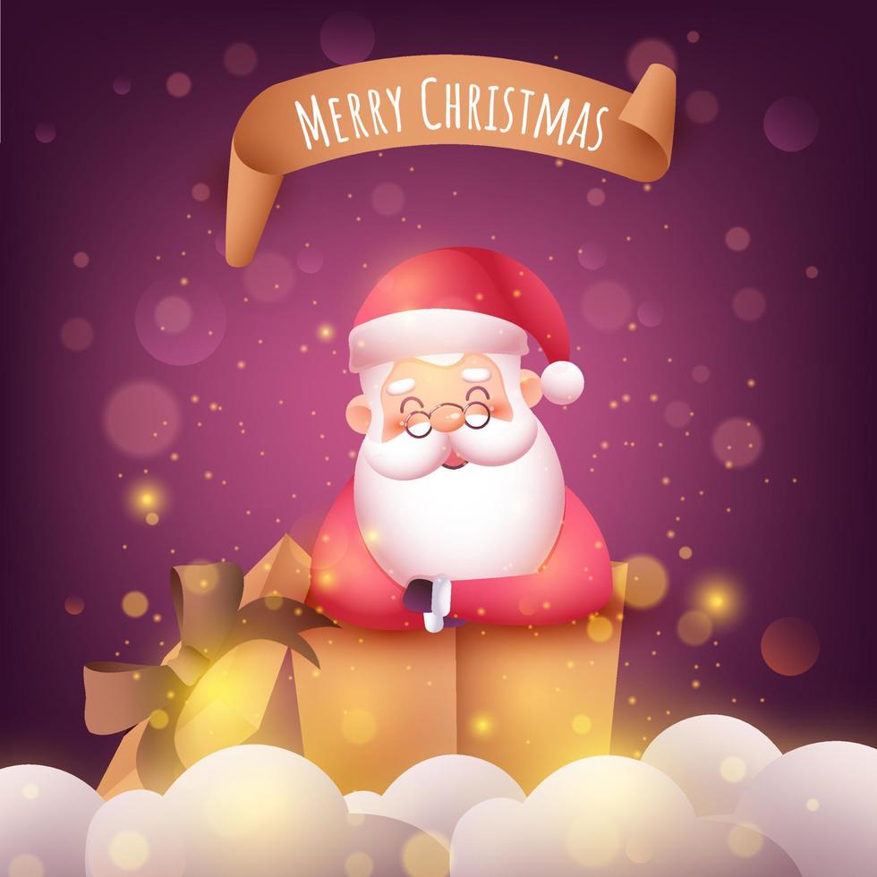 schattig de kerstman claus binnen een gouden geschenk doos met wolken Aan Purper bokeh lichten effect achtergrond voor vrolijk kerstmis. vector