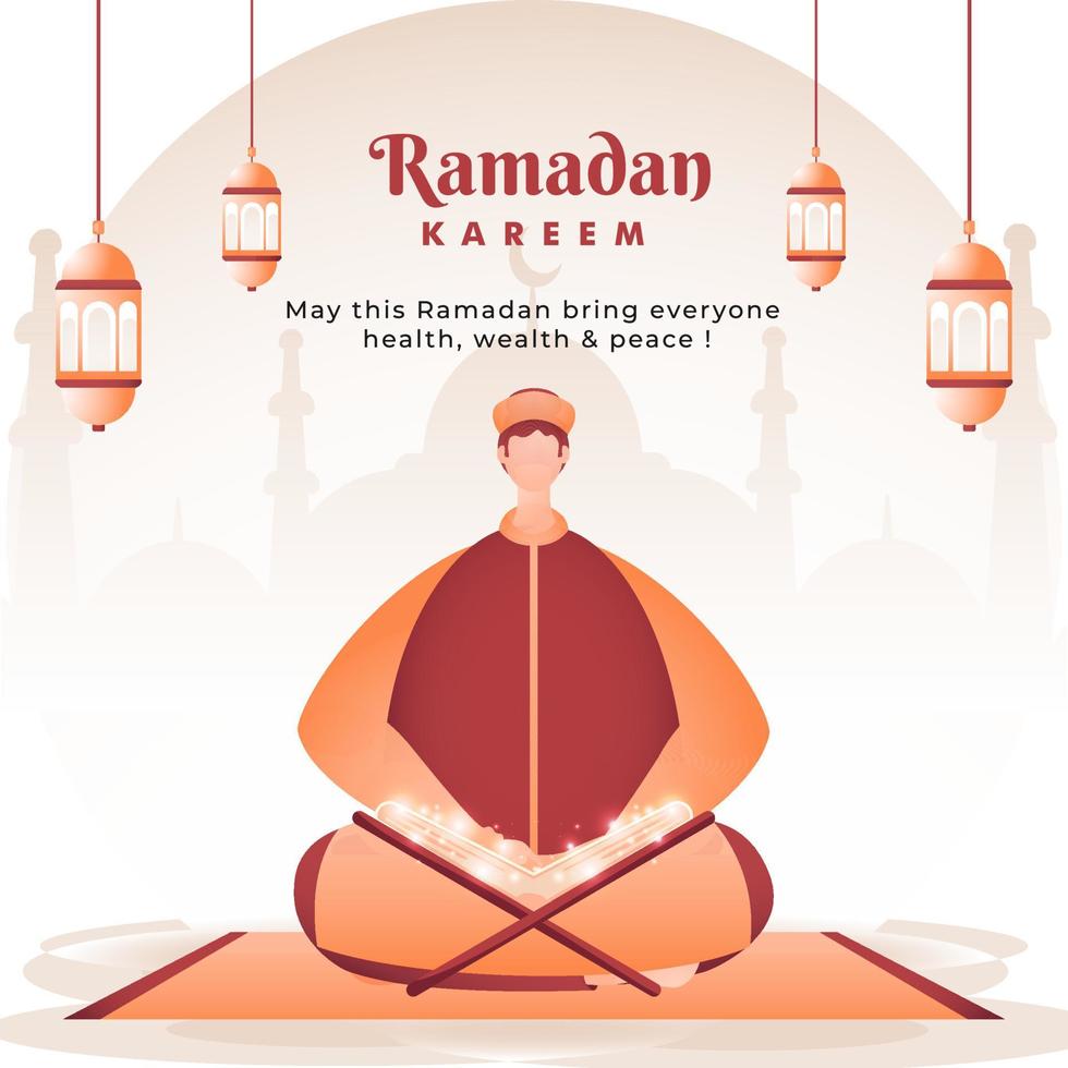 Ramadan kareem poster ontwerp met tekenfilm moslim Mens lezing een koran heilig boek, magisch licht effect en hangende lantaarns versierd achtergrond. vector