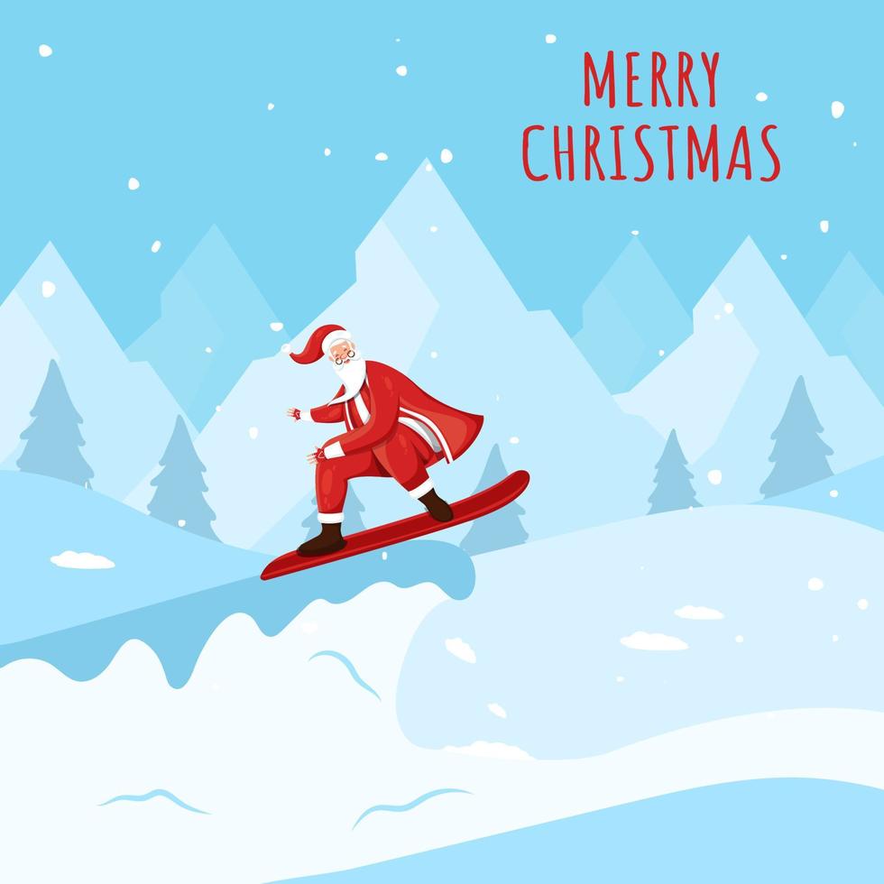 tekenfilm de kerstman claus Bij skateboard Aan blauw winter landschap achtergrond voor vrolijk Kerstmis viering. vector