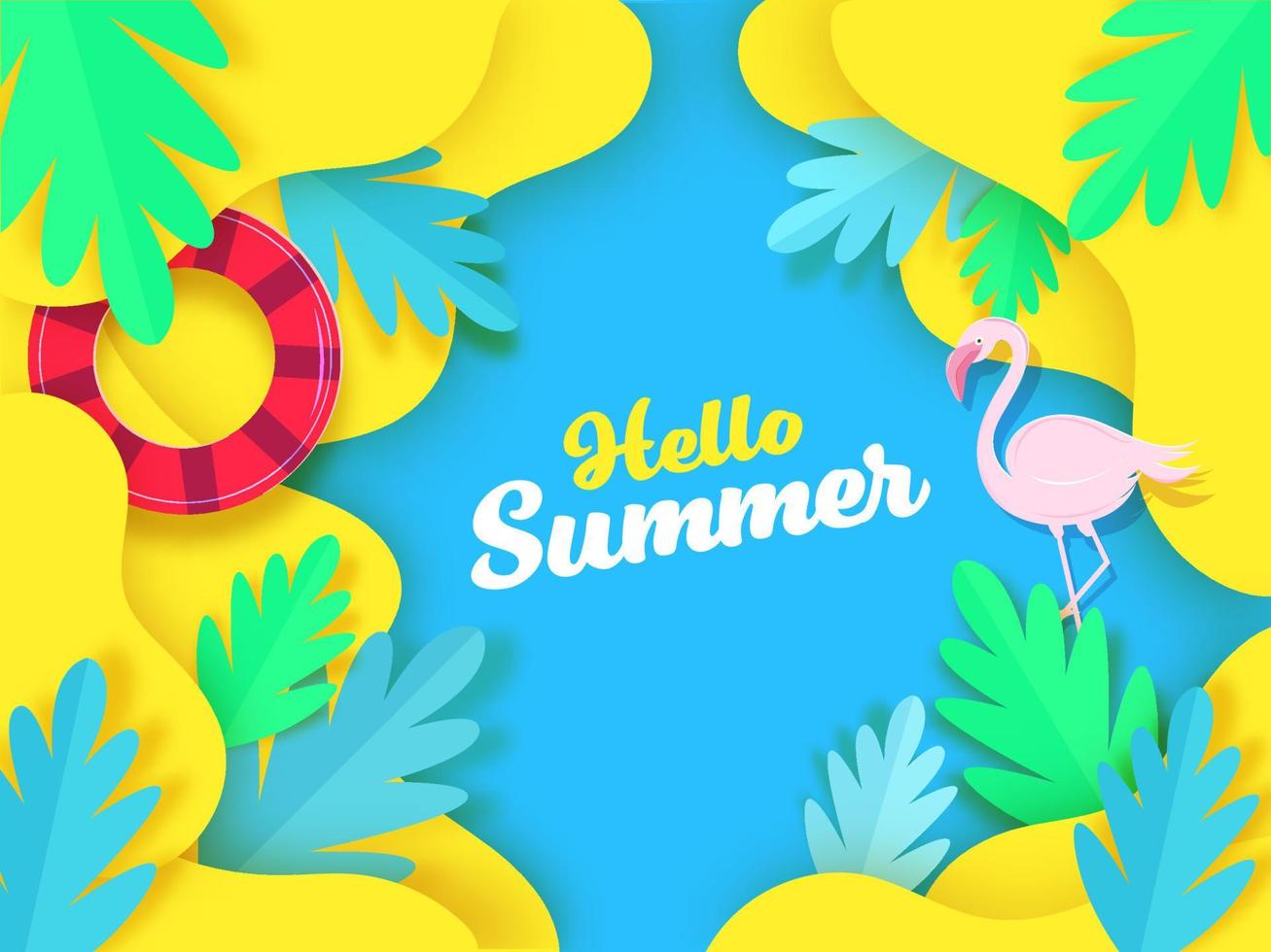 papier besnoeiing stijl vloeistof kunst achtergrond versierd met bladeren, zwemmen ring en reiger vogel voor Hallo zomer. vector
