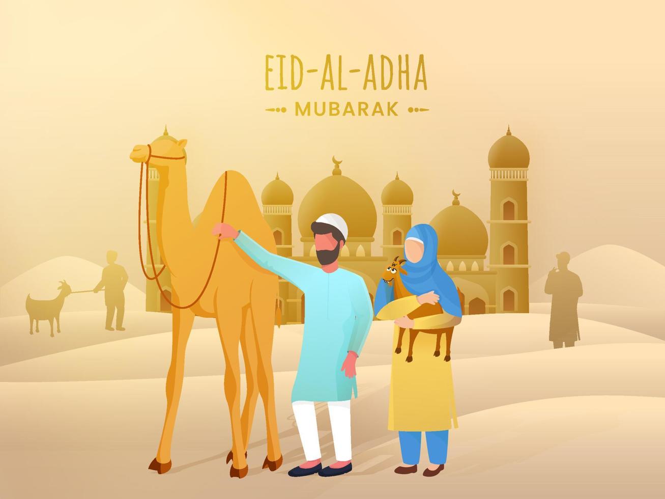 moslim mensen karakter met tekenfilm kameel en geit in voorkant van moskee Aan woestijn achtergrond voor eid-al-adha mubarak viering. vector