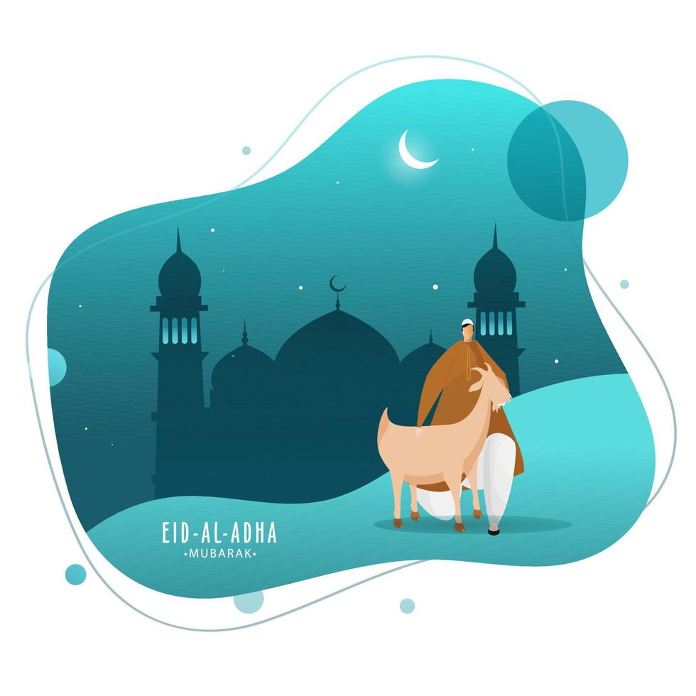 eid-al-adha mubarak concept met moslim Mens Holding een tekenfilm geit en silhouet moskee Aan nacht tafereel abstract turkoois achtergrond. vector