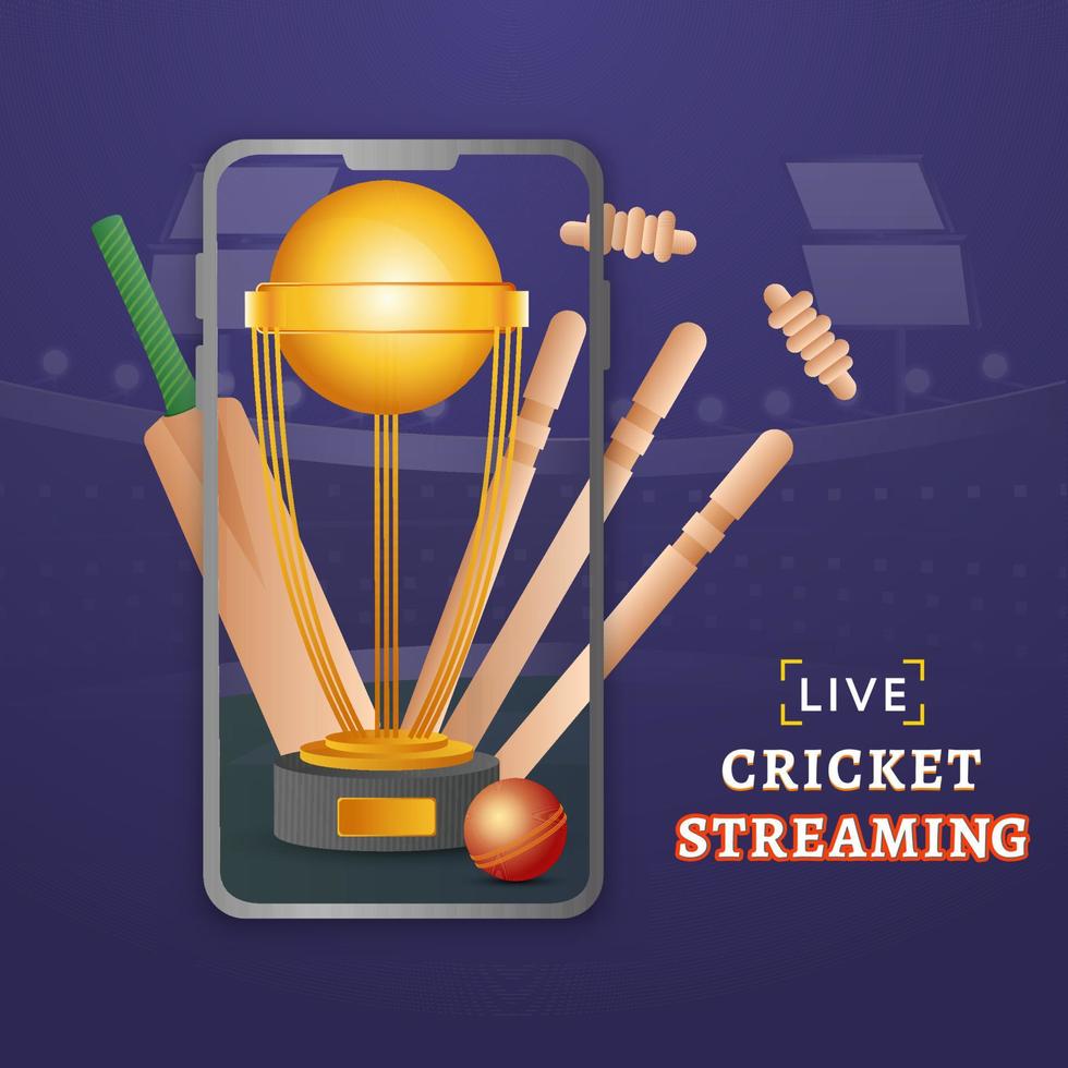 leven krekel streaming in smartphone met realistisch knuppel, bal, wicket stronken en gouden winnend trofee Aan Purper achtergrond. vector