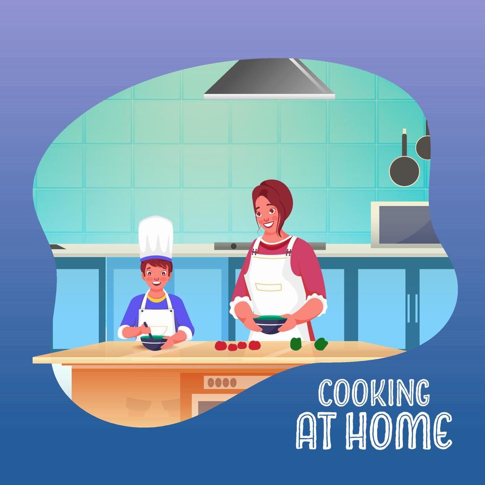 illustratie van jong vrouw helpen haar zoon koken voedsel Bij keuken huis. vector