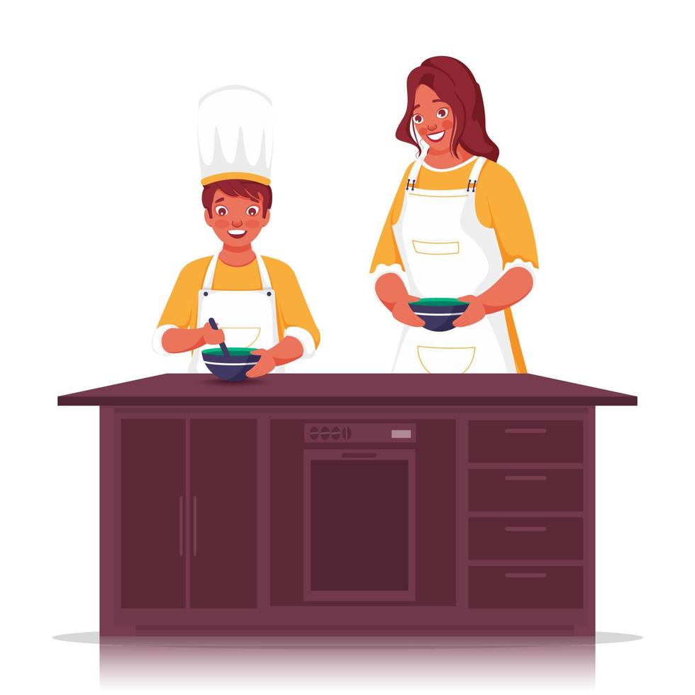 illustratie van jong dame helpen een jongen maken voedsel Bij keuken huis. vector