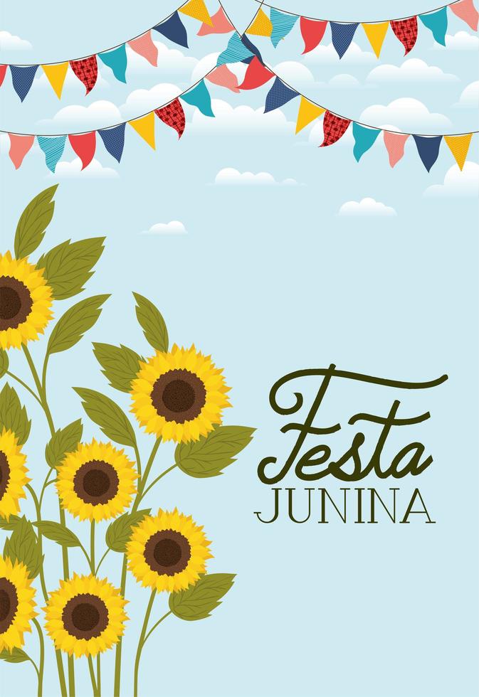 festa junina met zonnebloemtuin en guirlandes vector