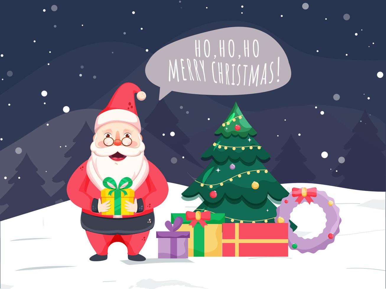 illustratie van de kerstman claus gezegde hoi, hoi, ho vrolijk Kerstmis met geschenk dozen, krans en decoratief Kerstmis boom Aan sneeuw vallend achtergrond. vector