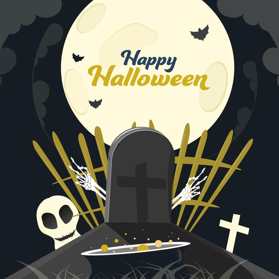 vol maan achtergrond met vliegend vleermuizen, schedel, skelet handen, ketel en begraafplaats illustratie voor gelukkig halloween viering. vector