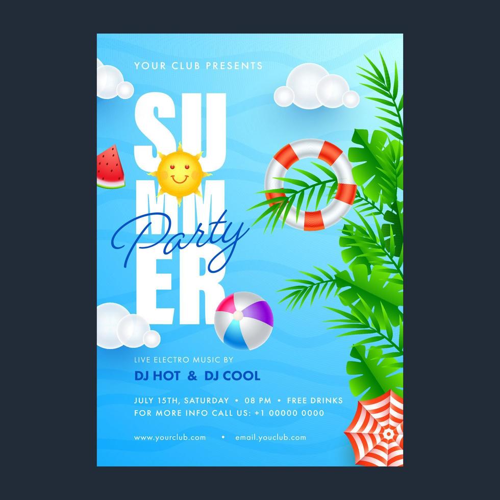 zomer partij folder ontwerp met tekenfilm zon, realistisch zwemmen ring, strand bal, top visie paraplu, watermeloen plak en tropisch bladeren Aan blauw achtergrond. vector