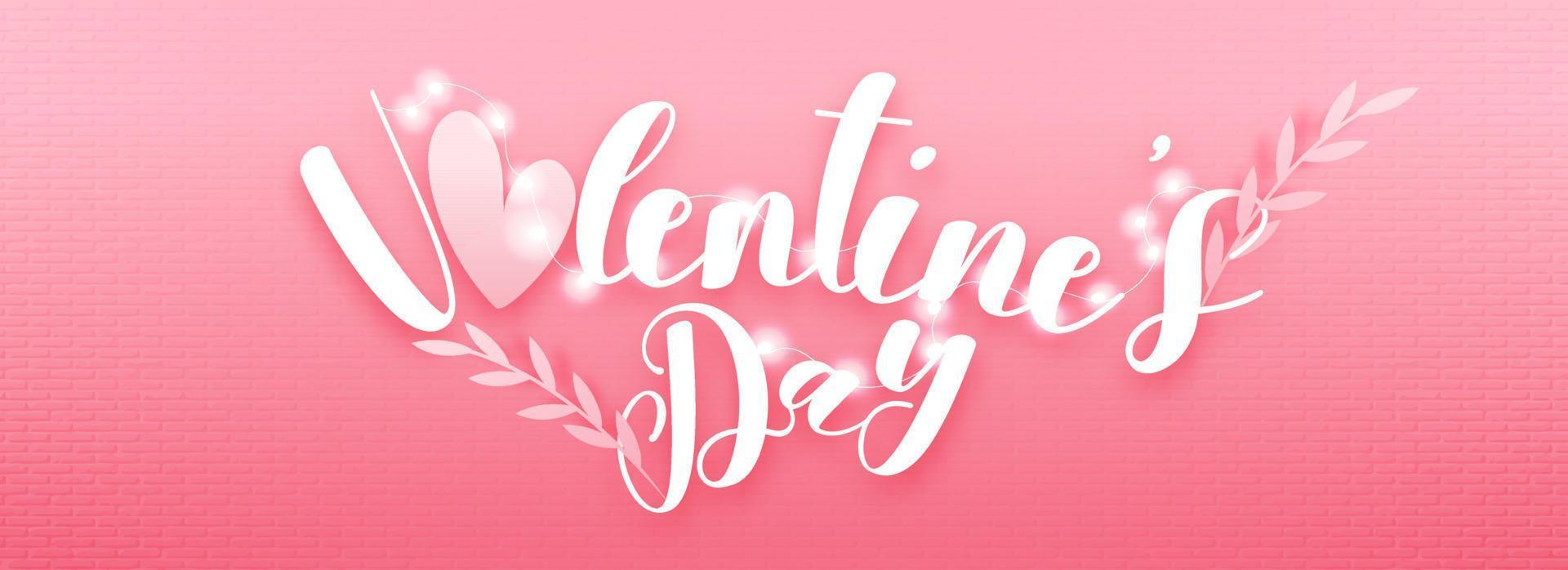 papier besnoeiing Valentijnsdag dag doopvont met een hart, bladeren en verlichte verlichting slinger versierd Aan pastel roze muur achtergrond. vector