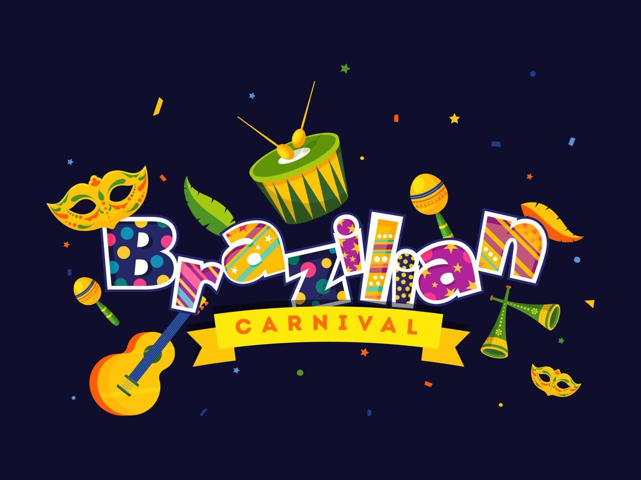 elegant kleurrijk braziliaans carnaval tekst met masker, veer en muziek- instrumenten versierd Aan blauw achtergrond. vector