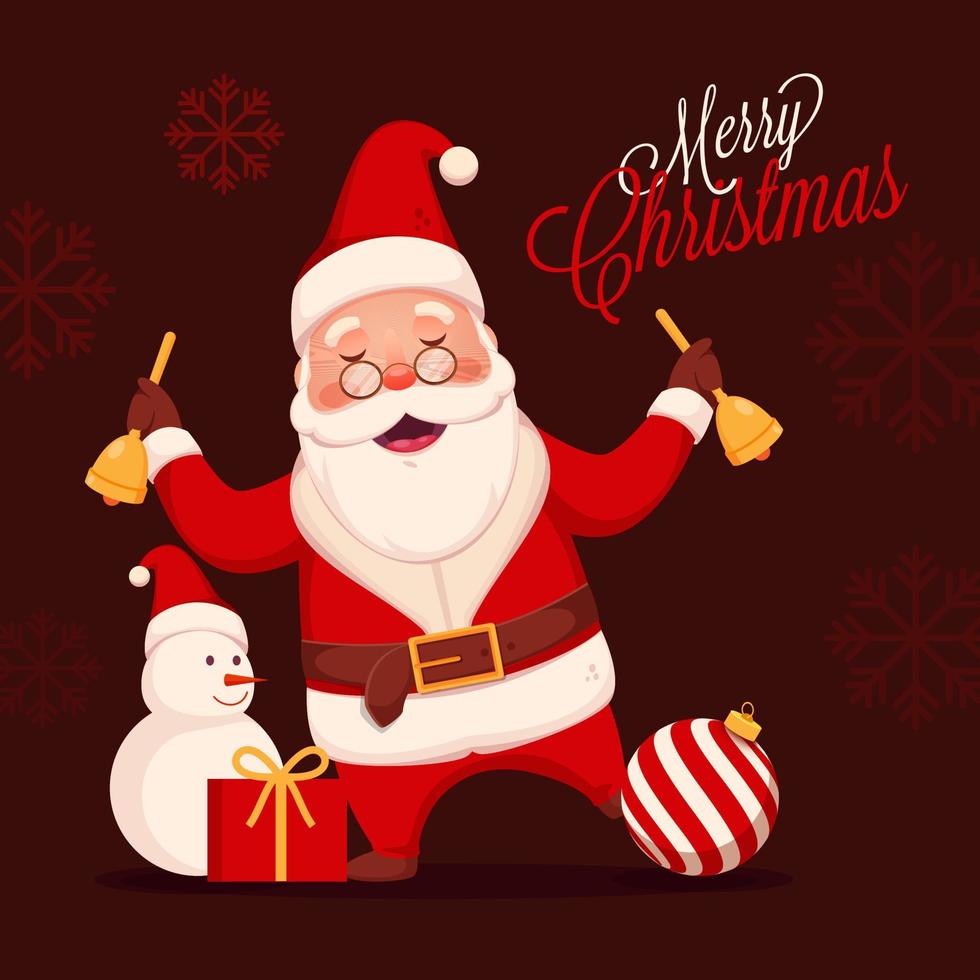 vrolijk de kerstman claus Holding rinkelen klokken met sneeuwman, snuisterij en geschenk doos Aan bordeaux bruin sneeuwvlok achtergrond voor vrolijk Kerstmis viering. vector