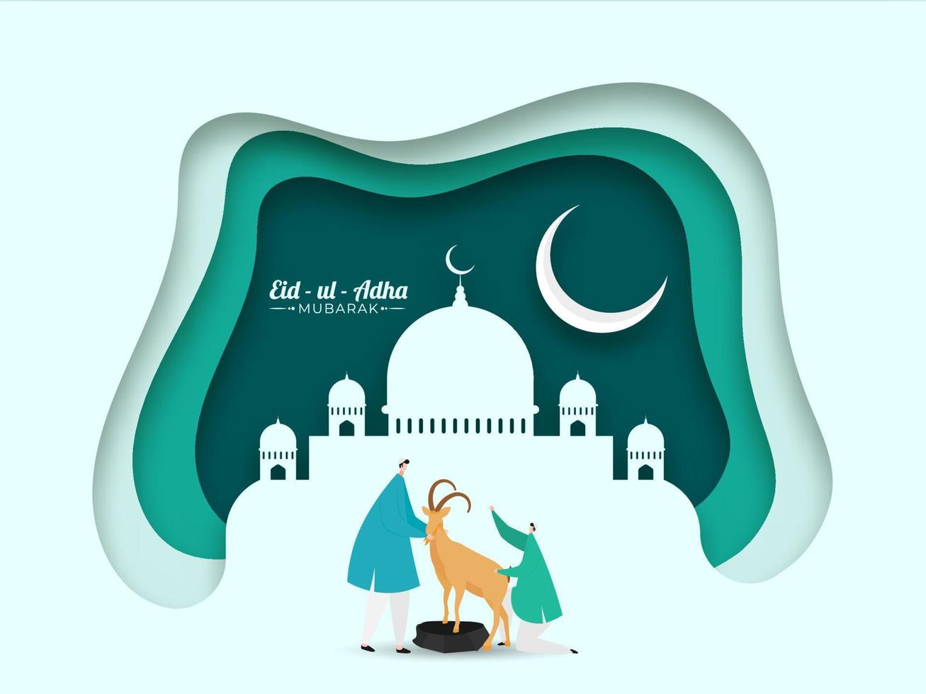 groen papier laag besnoeiing achtergrond met halve maan maan, moskee en moslim mannen Holding een tekenfilm geit Aan de gelegenheid van eid-ul-adha mubarak. vector