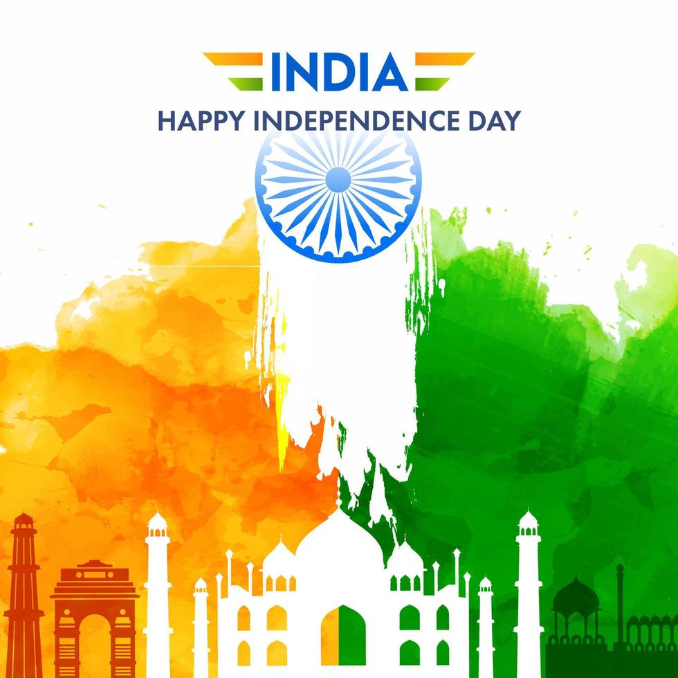 Indië gelukkig onafhankelijkheid dag poster ontwerp met beroemd monumenten, saffraan en groen waterverf effect Aan wit achtergrond. vector