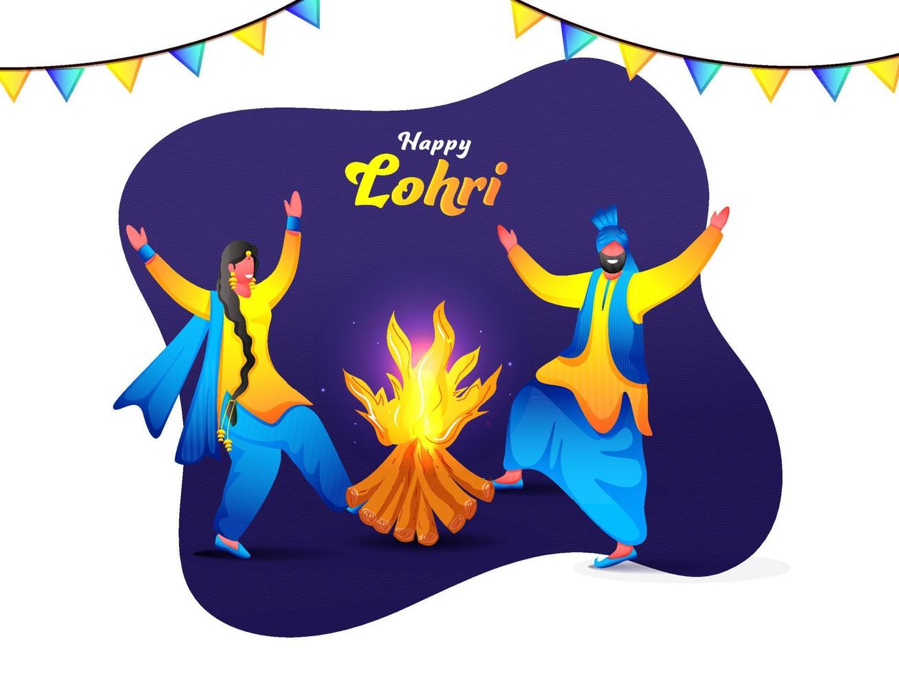 gelukkig lohri viering achtergrond met tekenfilm Punjabi paar aan het doen bhangra dans en vreugdevuur illustratie. vector