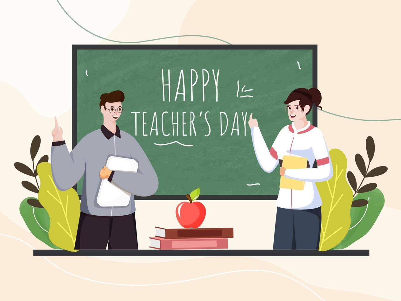 vrolijk Mens en vrouw leraren Holding boek in klas visie voor gelukkig leraar dag viering. vector
