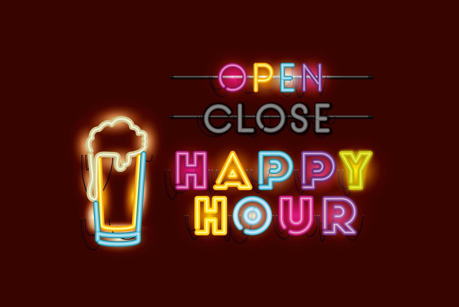 happy hour met neonlichten van bierpot-lettertypen vector