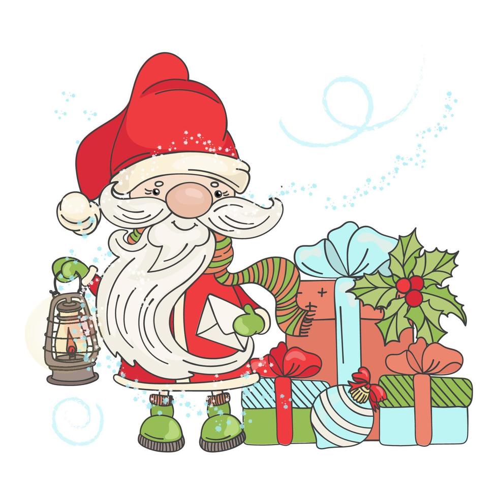 veel cadeaus de kerstman nieuw jaar tekenfilm kaart vector illustratie reeks