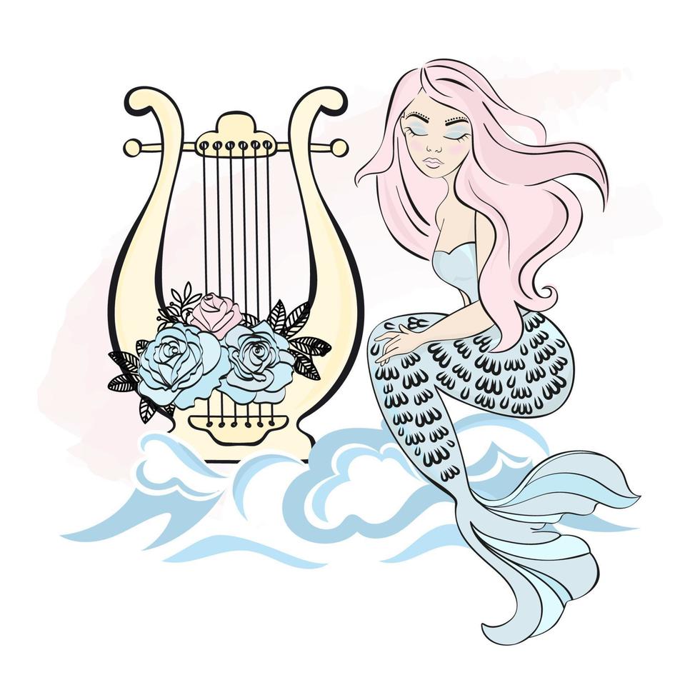 harp meermin onderwater- prinses meisje vector illustratie reeks