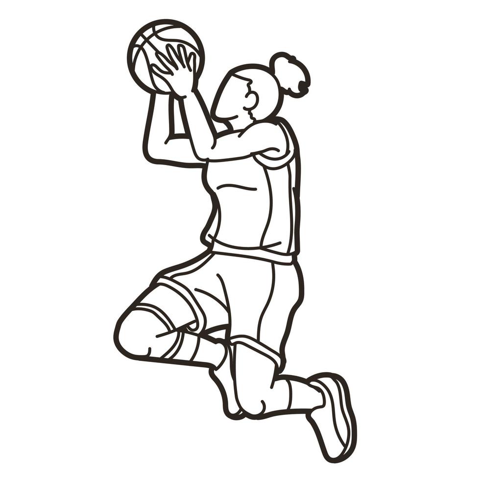 schets basketbal actie vrouw speler jumping vector