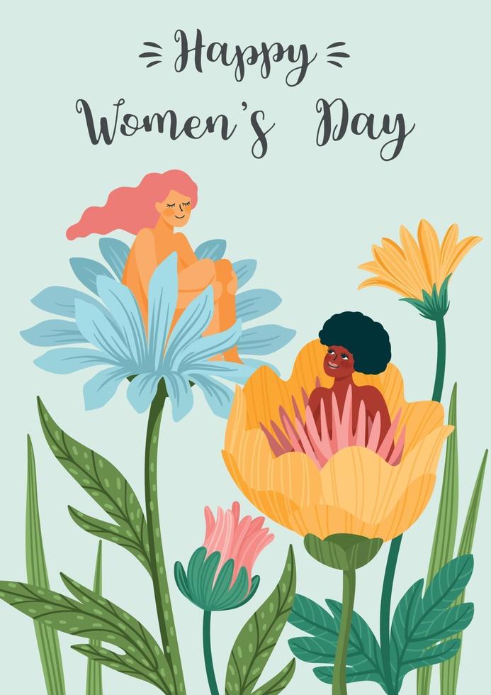 internationale Vrouwendag. vector sjabloon met vrouwen en bloemen voor kaart, poster, flyer en andere gebruikers