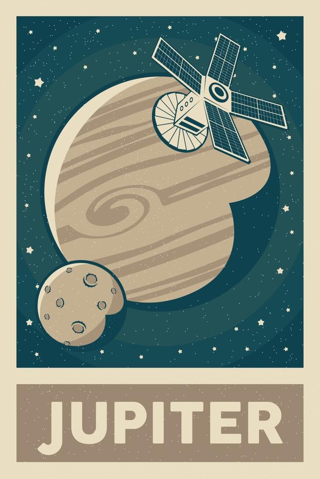 retro en vintage stijlsatelliet die de planeetposter van Jupiter onderzoekt vector