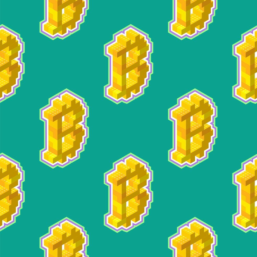 bitcoin teken bestaande van geel blokken in isometrische visie Aan een groen achtergrond. naadloos patroon. vector illustratie.