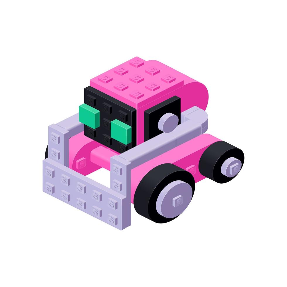 schattig roze robot, een speelgoed- gemaakt van plastic bakstenen in isometrie. vector clip art