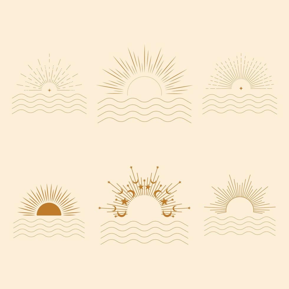 Boheems zonsondergang en oceaan golven vector pictogrammen set. vector reeks van lineair boho pictogrammen en symbolen. zon logo ontwerp Sjablonen. abstract ontwerp elementen voor sieraden inminimalistisch stijl voor sociaal media berichten