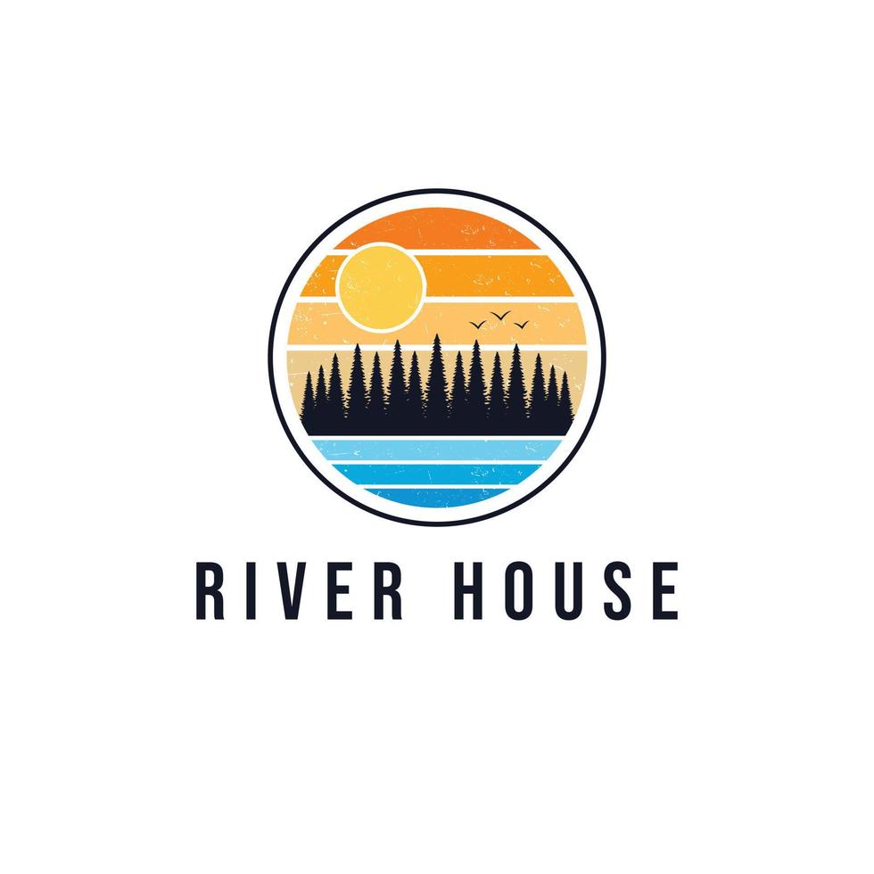 hand- getrokken Woud logo ontwerp. rivier- huis embleem. luxe echt landgoed logo. vector