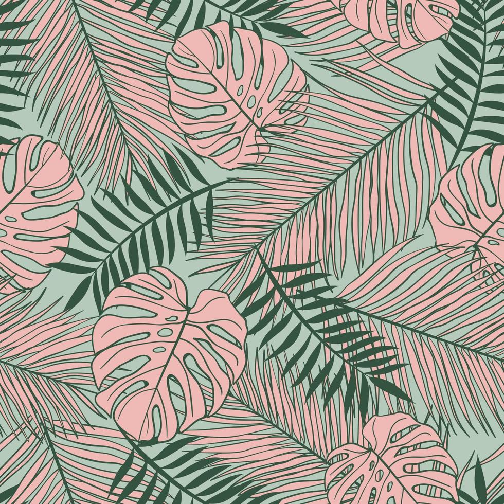 palm en monstera bladeren naadloos patroon ontwerp. tropisch bladeren Afdeling en monstera zomer patroon ontwerp. tropisch bloemen patroon achtergrond. modieus braziliaans illustratie. vector